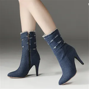 New High Heel Hole Elastic Denim Medium Boots
