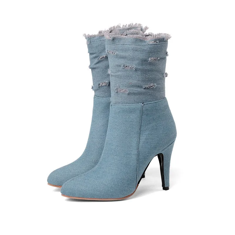 New High Heel Hole Elastic Denim Medium Boots