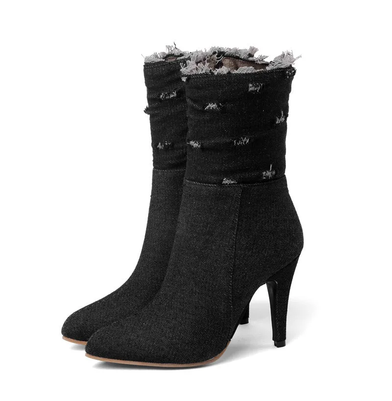 New High Heel Hole Elastic Denim Medium Boots