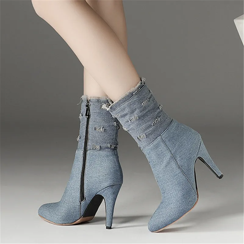 New High Heel Hole Elastic Denim Medium Boots