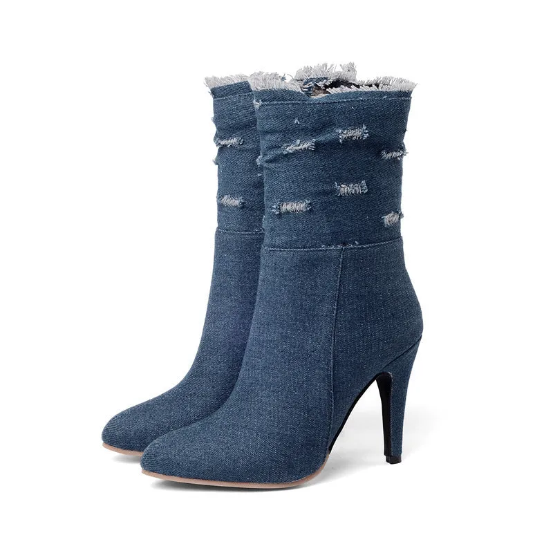 New High Heel Hole Elastic Denim Medium Boots