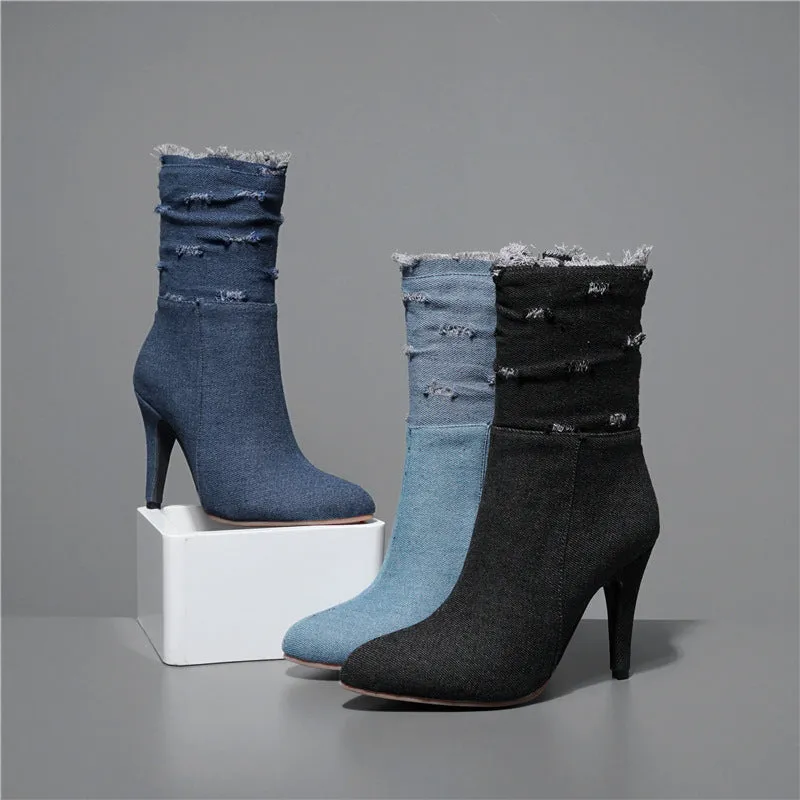 New High Heel Hole Elastic Denim Medium Boots