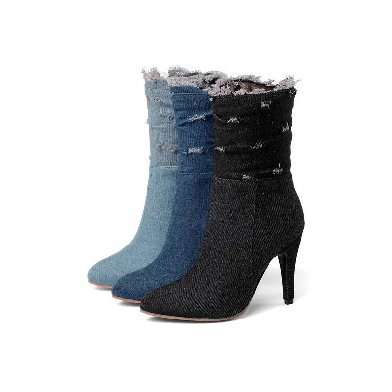 New High Heel Hole Elastic Denim Medium Boots