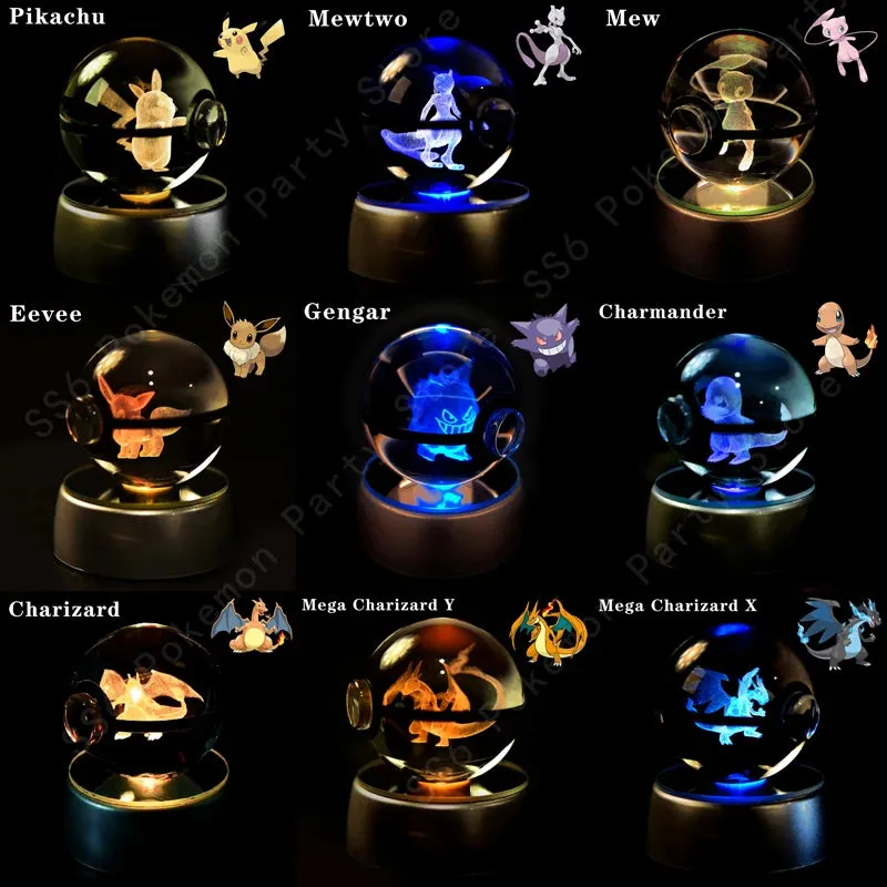 "Pokémon Crystal Ball 3D Lamp – Pikachu, Gengar, Mew, Mewtwo Glass Ball Figure with Pokéball Base, Perfect Night Light & Birthday Gift for Pokémon Fans"