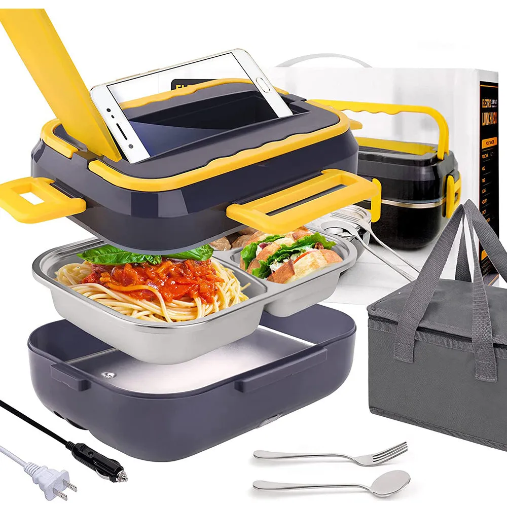 "Portable 1.5L Electric Lunch Box Set: Stainless Steel Cookware with Heater & Insulation Bag for Car and Truck Use"