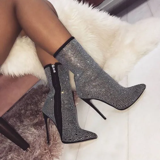 Rhinestones High Heel Boots