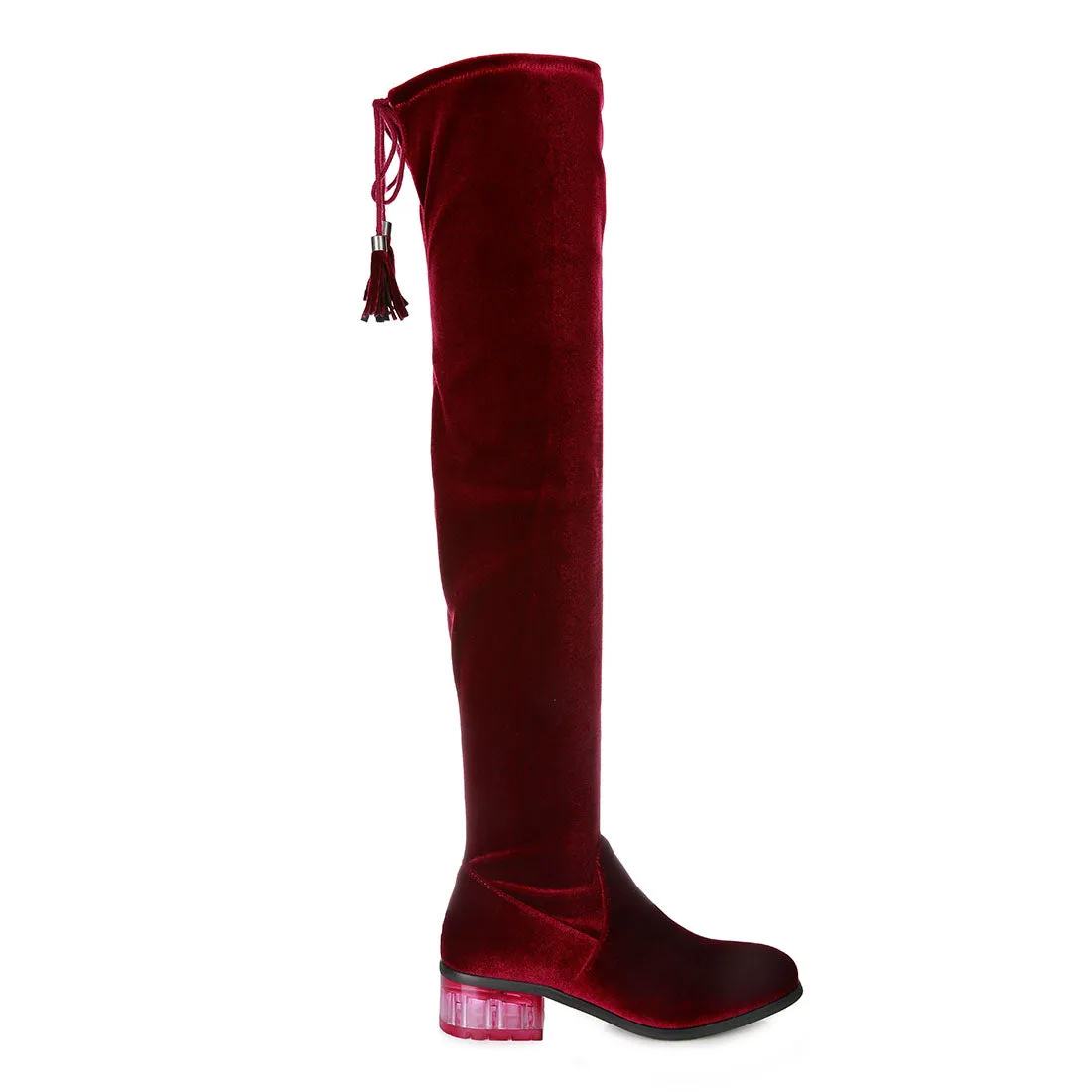 Rumple Velvet Over The Knee Clear Heel Boots