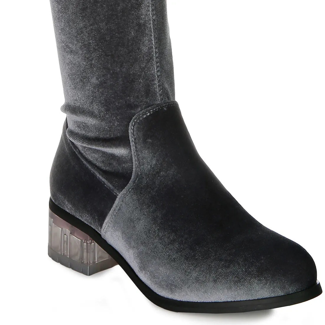 Rumple Velvet Over The Knee Clear Heel Boots