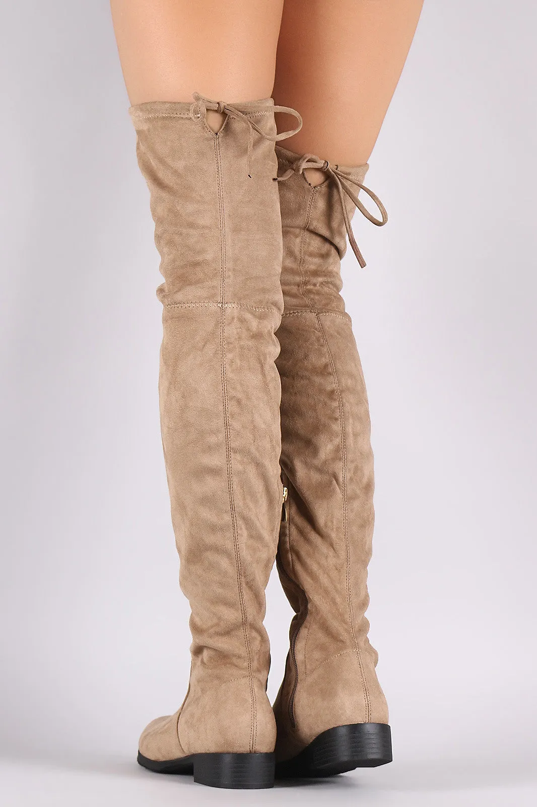 Suede Drawstring-Tie Block Heeled Riding Boots