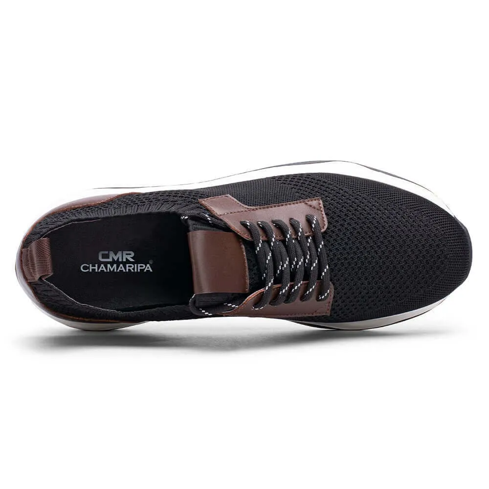 This item only ships to the United States - 8CM / 3.15Inches - CMR CHAMARIPA Height Increasing Sneakers - Black Knit Fabric Elevator Sneakers For Men - Outdoor Casual Tall Men Shoes