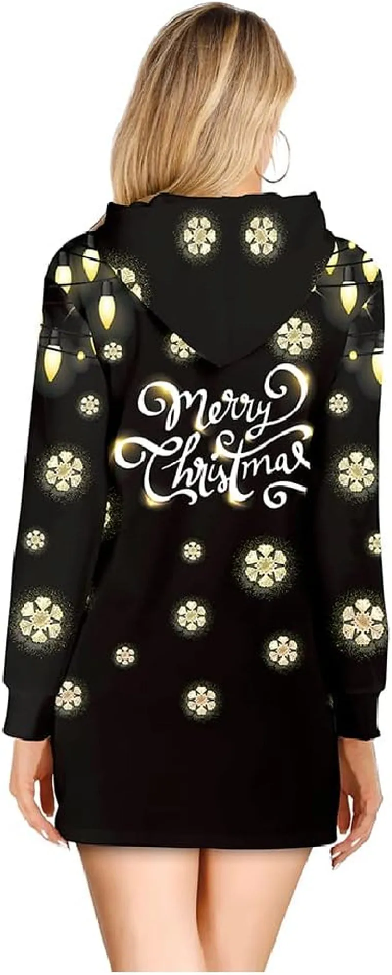 Women Christmas Hoodies Dress Casual Long Sleeve Ugly Xmas Reindeer Sweatshirts Dress