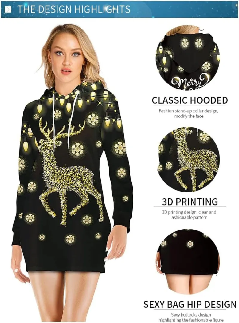 Women Christmas Hoodies Dress Casual Long Sleeve Ugly Xmas Reindeer Sweatshirts Dress
