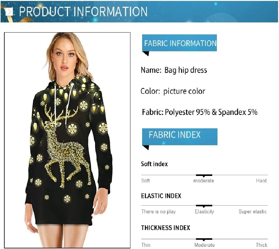 Women Christmas Hoodies Dress Casual Long Sleeve Ugly Xmas Reindeer Sweatshirts Dress