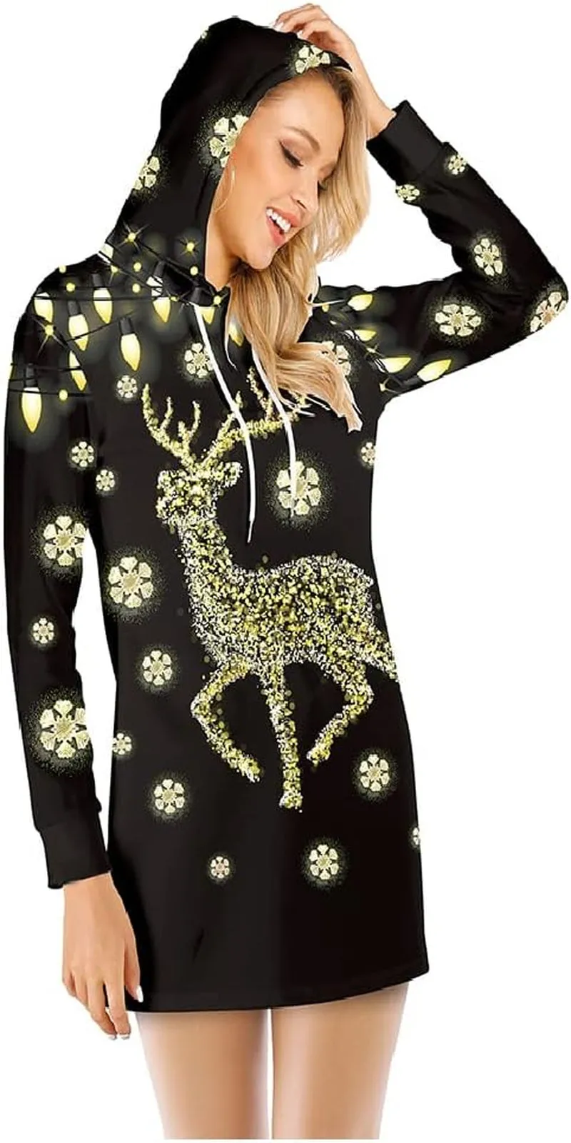 Women Christmas Hoodies Dress Casual Long Sleeve Ugly Xmas Reindeer Sweatshirts Dress