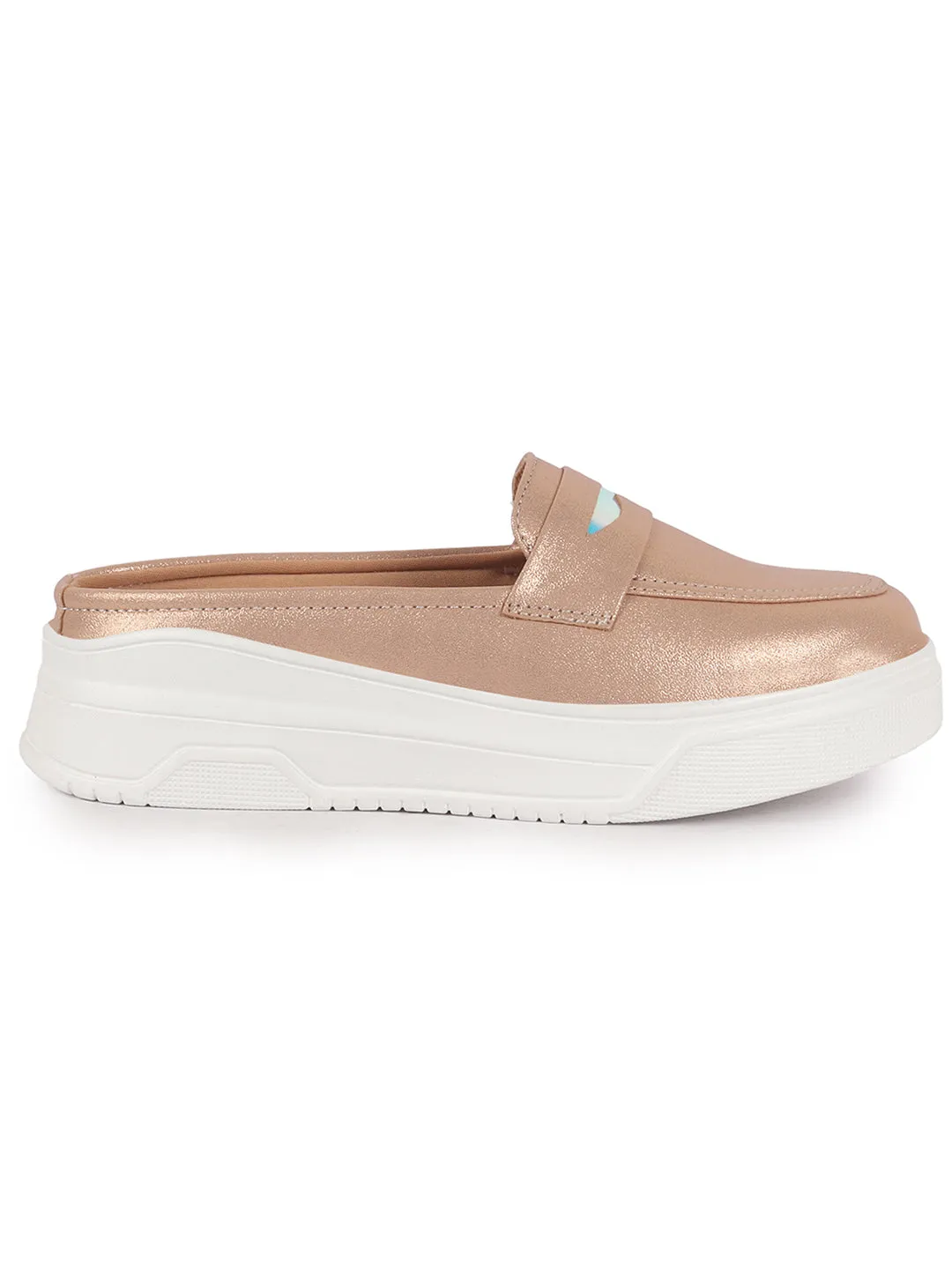Women Rose Gold Classic Comfort Height Enhancer Shiny Glitter Back Open Slip On Mule Shoes|Casual Slip On Walking Shoe