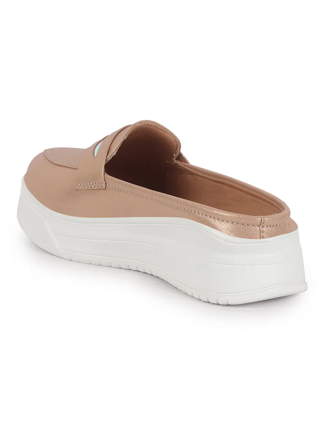 Women Rose Gold Classic Comfort Height Enhancer Shiny Glitter Back Open Slip On Mule Shoes|Casual Slip On Walking Shoe
