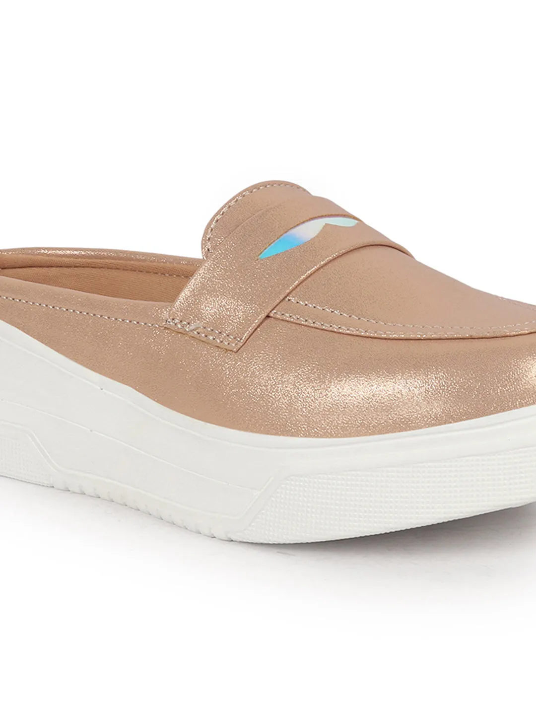Women Rose Gold Classic Comfort Height Enhancer Shiny Glitter Back Open Slip On Mule Shoes|Casual Slip On Walking Shoe