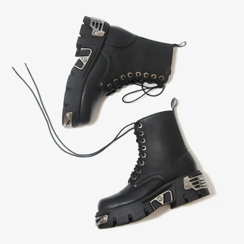 Women's black leather metal steampunk mid calf combat boots vintage chunky platform lace-up gothic boots