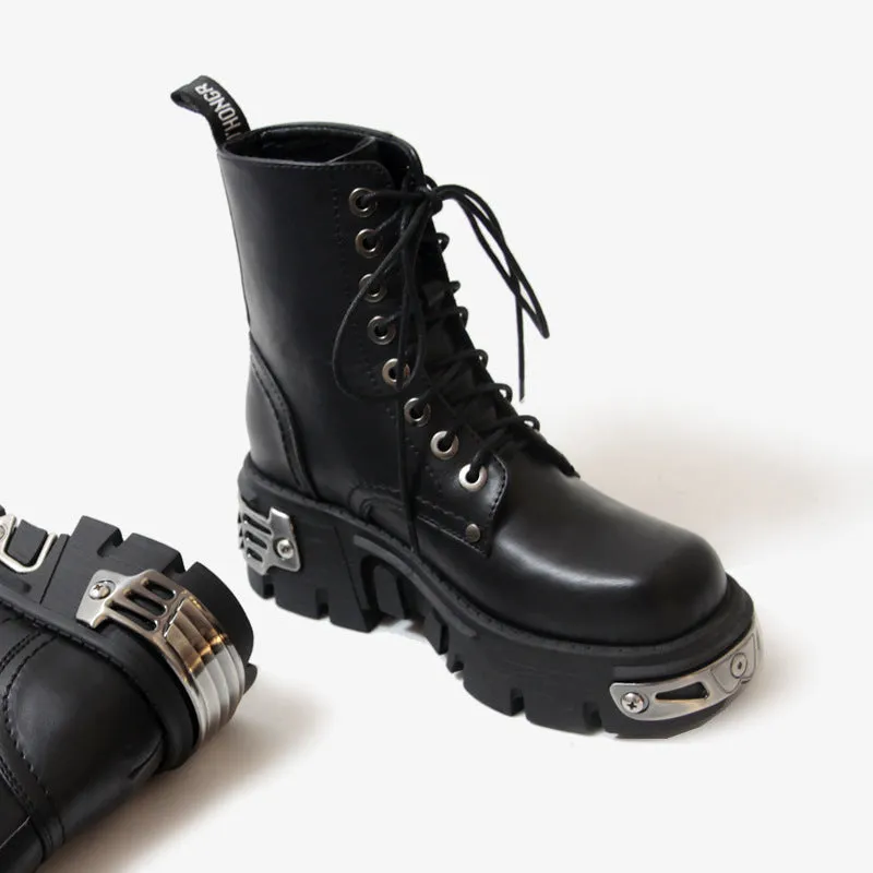 Women's black leather metal steampunk mid calf combat boots vintage chunky platform lace-up gothic boots