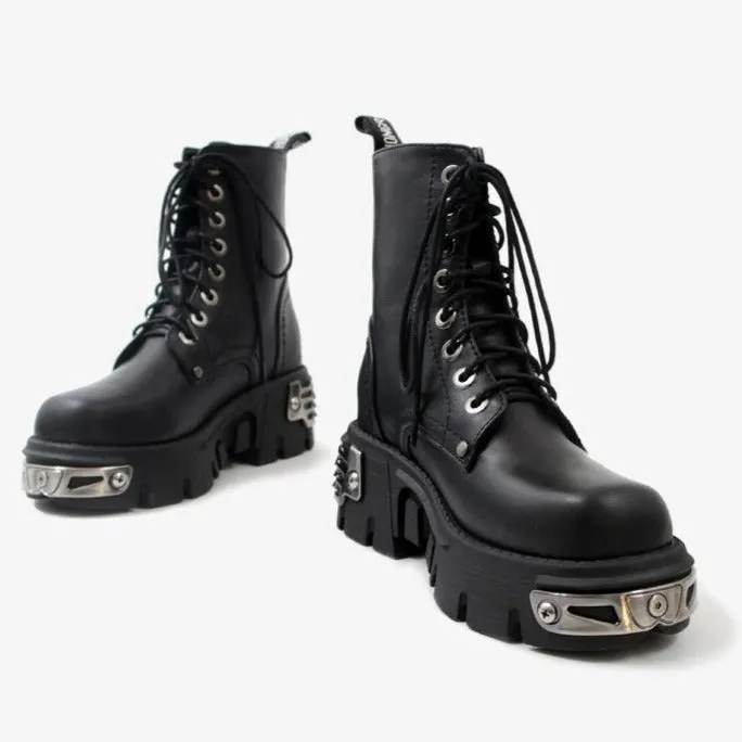 Women's black leather metal steampunk mid calf combat boots vintage chunky platform lace-up gothic boots