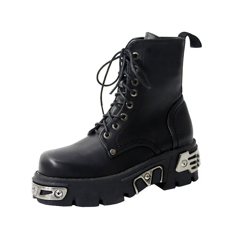 Women's black leather metal steampunk mid calf combat boots vintage chunky platform lace-up gothic boots