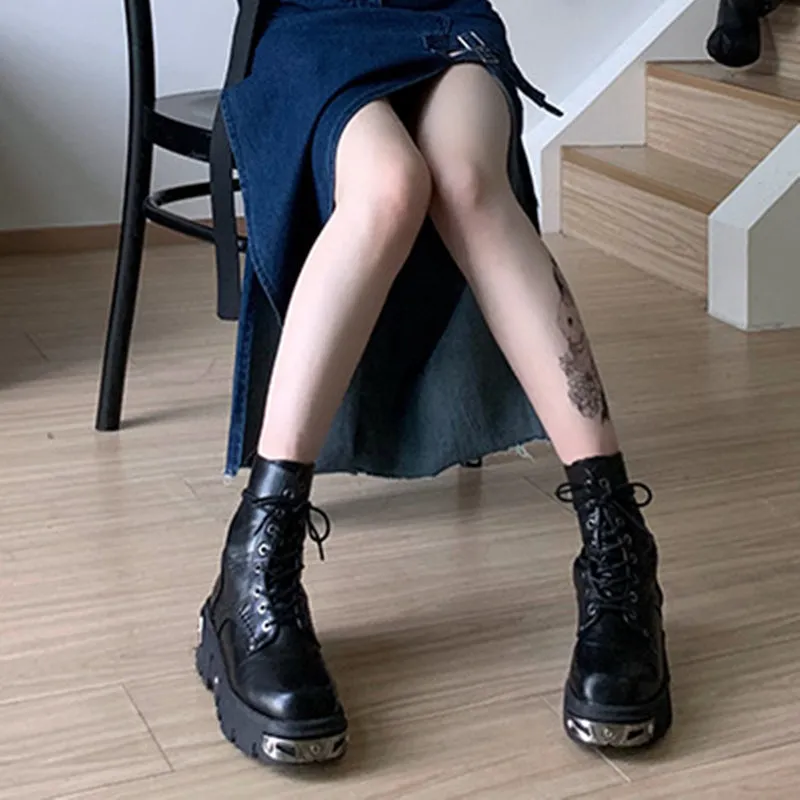 Women's black leather metal steampunk mid calf combat boots vintage chunky platform lace-up gothic boots