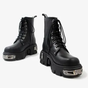 Women's black leather metal steampunk mid calf combat boots vintage chunky platform lace-up gothic boots
