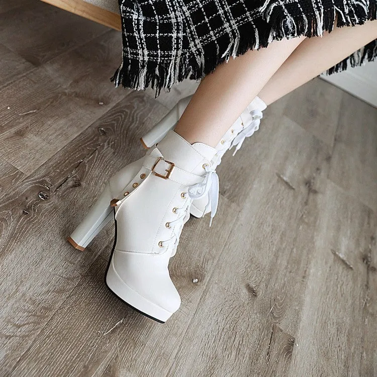 Women's Lace Up Side Zippers Chunky Heel Platform Ankle Boots
