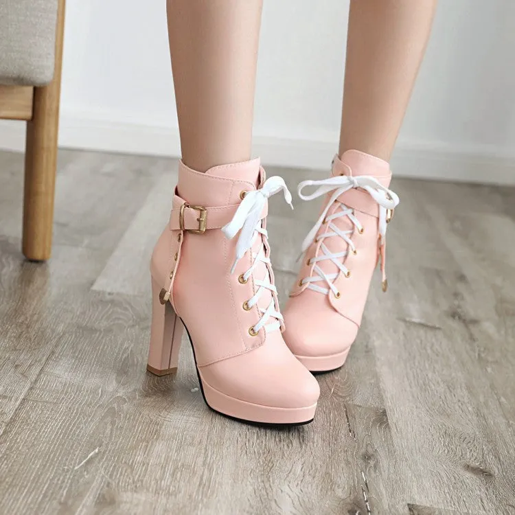 Women's Lace Up Side Zippers Chunky Heel Platform Ankle Boots