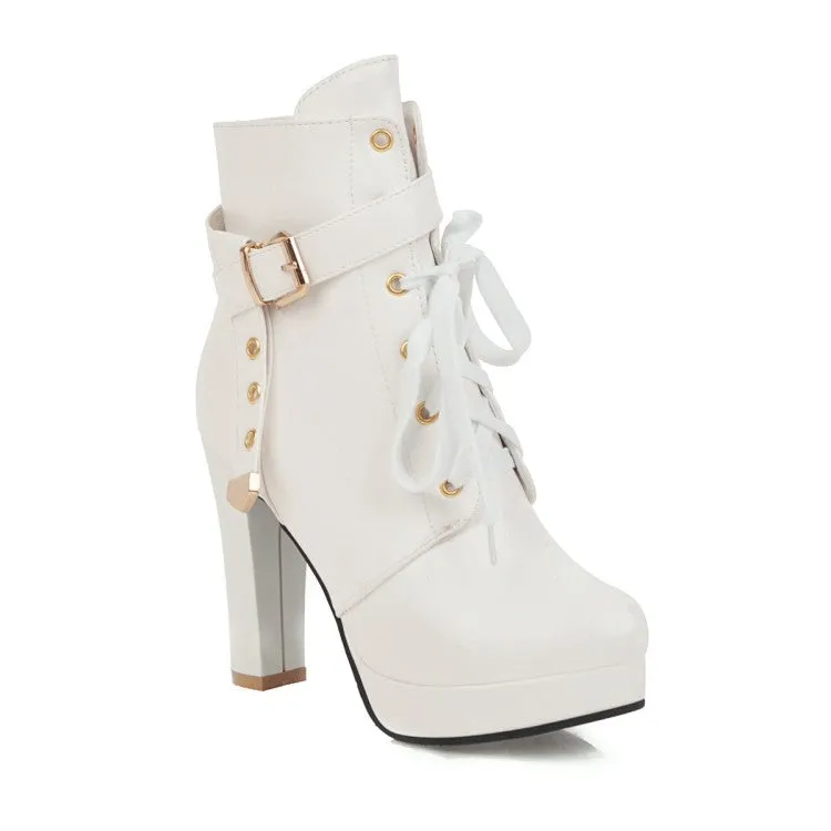 Women's Lace Up Side Zippers Chunky Heel Platform Ankle Boots