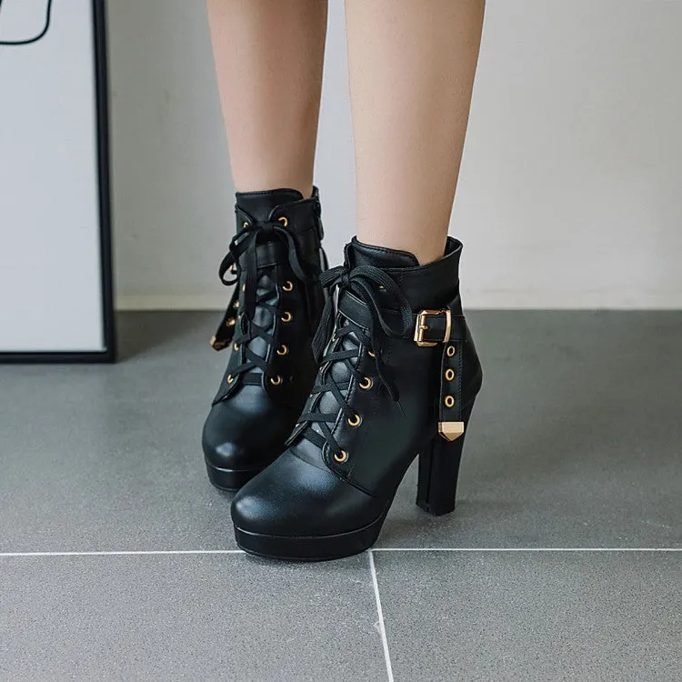 Women's Lace Up Side Zippers Chunky Heel Platform Ankle Boots