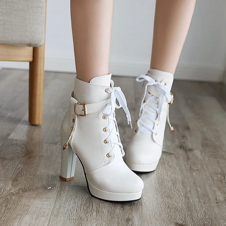 Women's Lace Up Side Zippers Chunky Heel Platform Ankle Boots