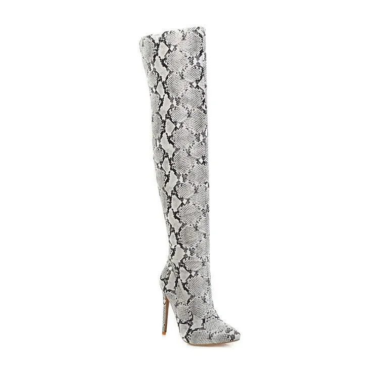 Women's Snake Pattern Pointed Toe Stiletto Heel Over the Knee Boots
