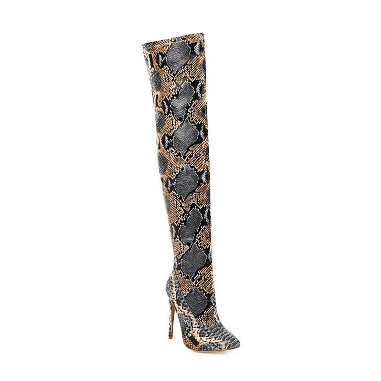 Women's Snake Pattern Pointed Toe Stiletto Heel Over the Knee Boots