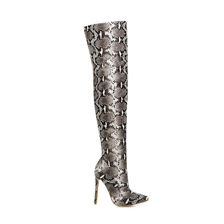 Women's Snake Pattern Pointed Toe Stiletto Heel Over the Knee Boots