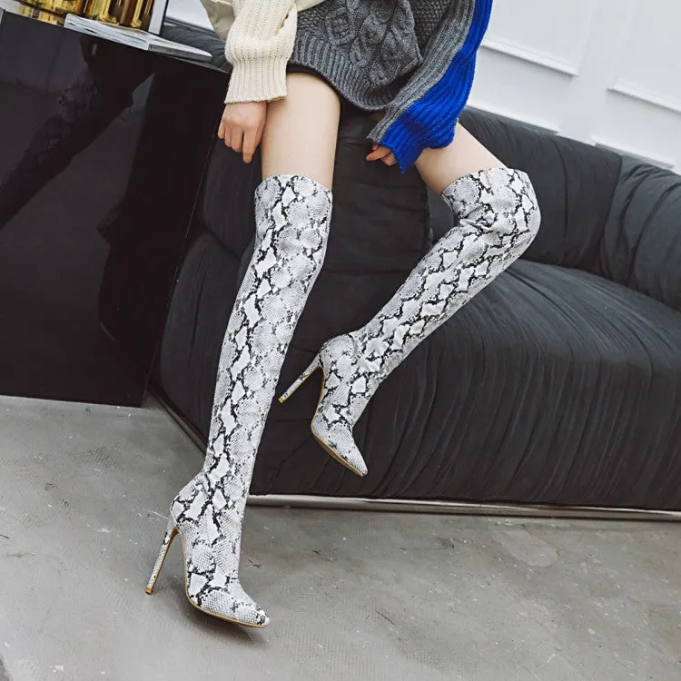 Women's Snake Pattern Pointed Toe Stiletto Heel Over the Knee Boots