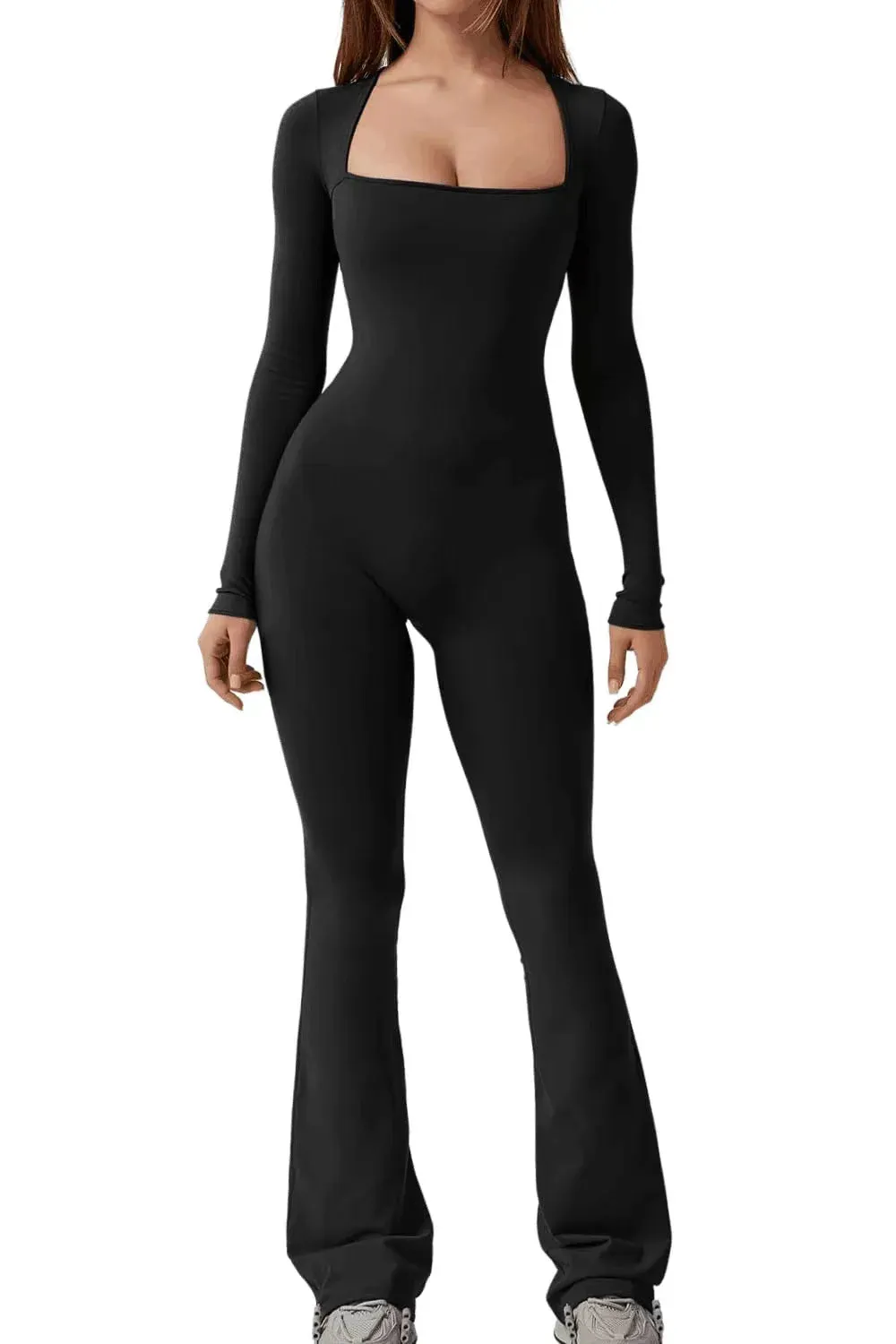 Women’s Wide Leg Yoga Bodysuit, One-Piece Gym Fitness Jumpsuit, Long Sleeve, Plus Size