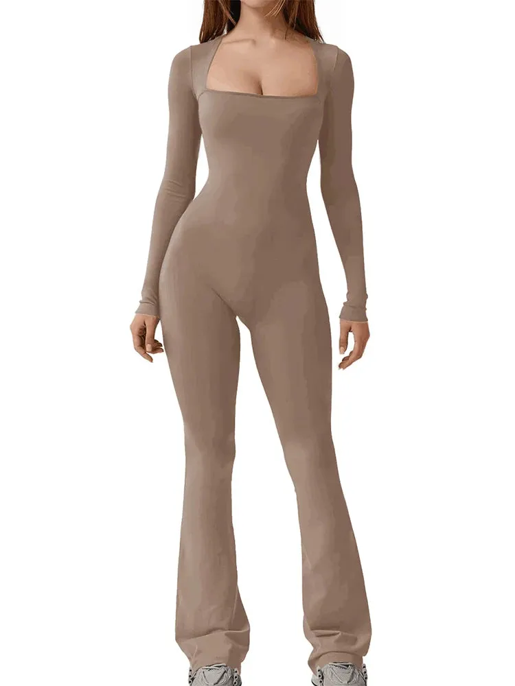 Women’s Wide Leg Yoga Bodysuit, One-Piece Gym Fitness Jumpsuit, Long Sleeve, Plus Size