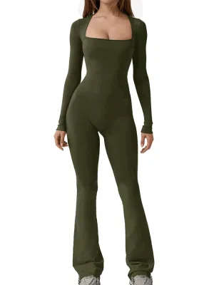 Women’s Wide Leg Yoga Bodysuit, One-Piece Gym Fitness Jumpsuit, Long Sleeve, Plus Size