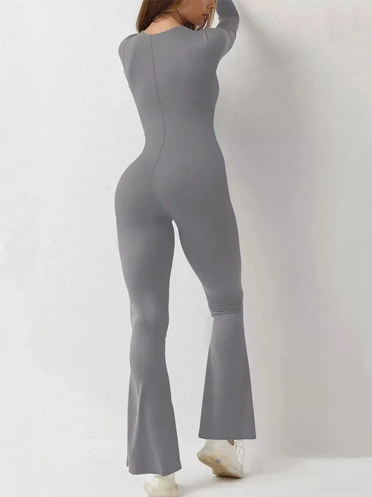 Women’s Wide Leg Yoga Bodysuit, One-Piece Gym Fitness Jumpsuit, Long Sleeve, Plus Size