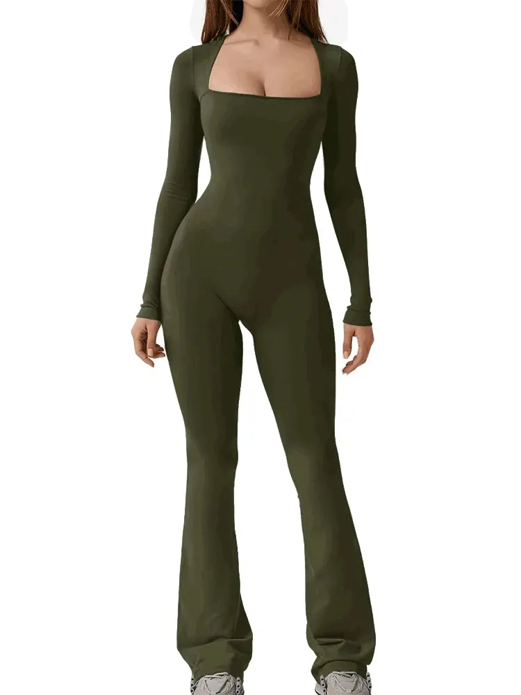 Women’s Wide Leg Yoga Bodysuit, One-Piece Gym Fitness Jumpsuit, Long Sleeve, Plus Size