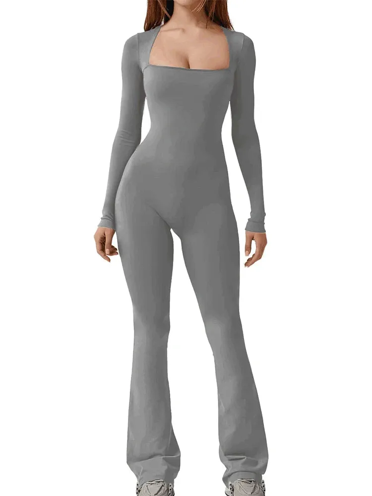 Women’s Wide Leg Yoga Bodysuit, One-Piece Gym Fitness Jumpsuit, Long Sleeve, Plus Size