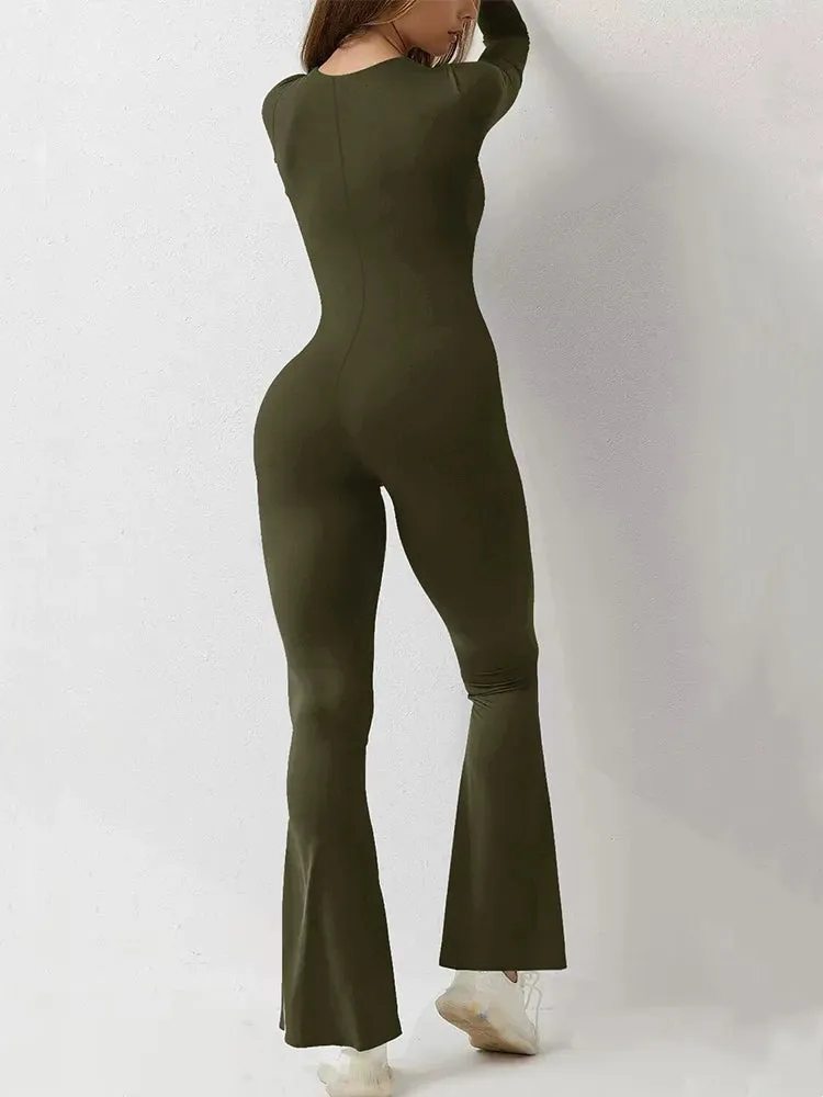 Women’s Wide Leg Yoga Bodysuit, One-Piece Gym Fitness Jumpsuit, Long Sleeve, Plus Size